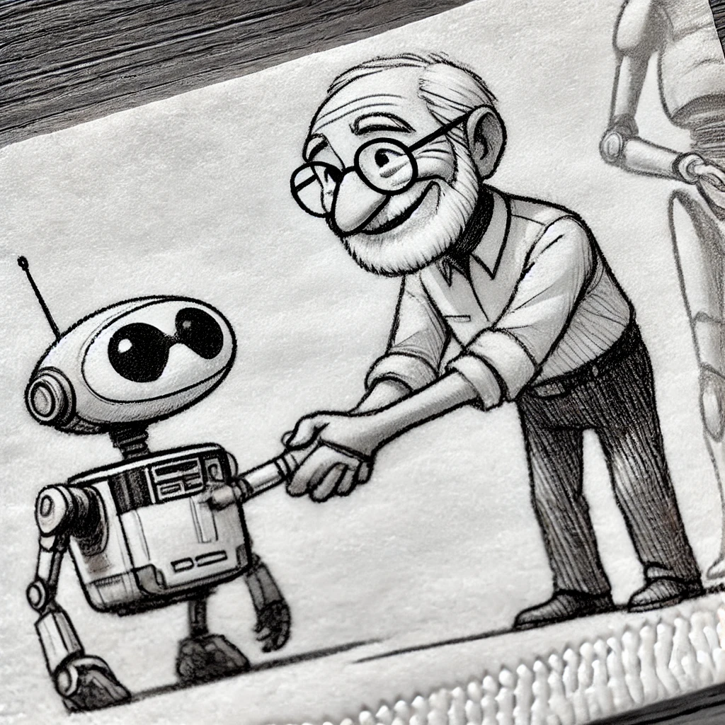 Image generated by OpenAI's DALL-E model - A Pixar-style senior engineer character handshaking a droid.