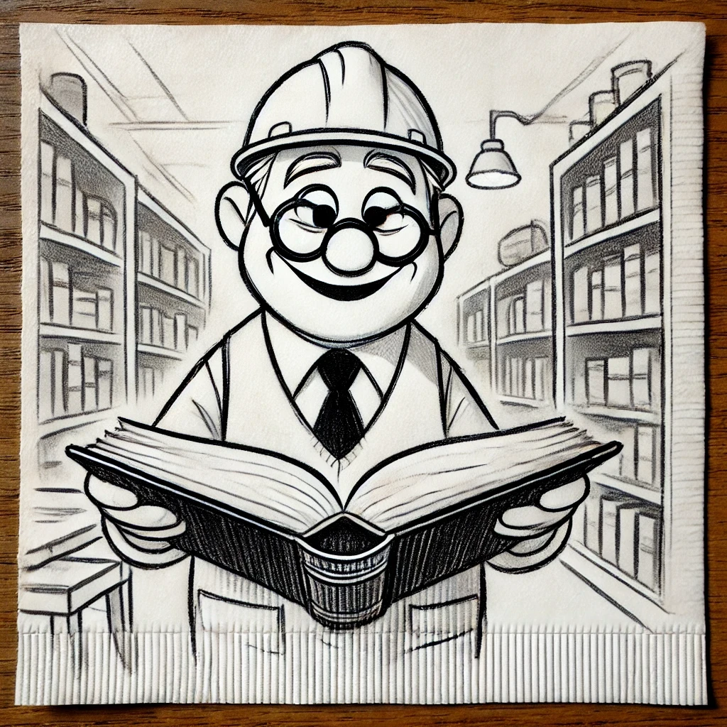 Image generated by OpenAI's DALL-E model - A Pixar-style senior engineer character reading a big book in a library.