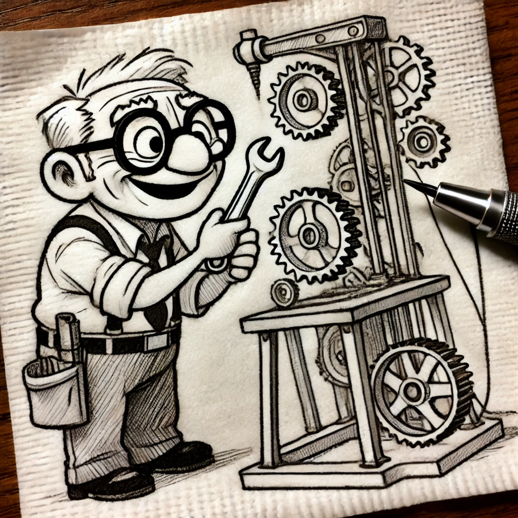 Image generated by OpenAI's DALL-E model - A Pixar-style senior engineer character installing a machine that has gears.