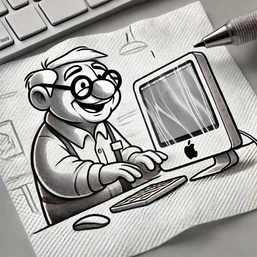 Image generated by OpenAI's DALL-E model - A Pixar-style senior engineer character using a shiny iMac computer.