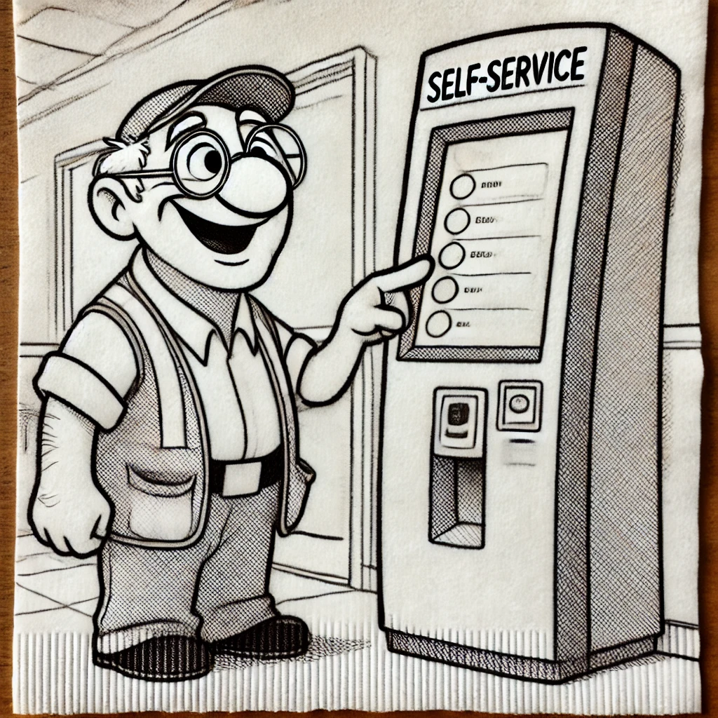 Image generated by OpenAI's DALL-E model - A Pixar-style senior engineer character interacting with a self-service machine at a fast food restaurant.